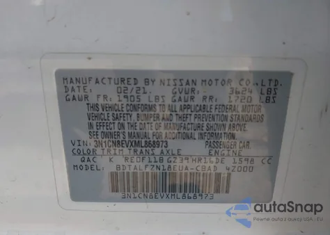 2021 Nissan Versa Sv Xtronic Cvt из США, поврежденный, VIN 3N1CN8EVXML868973